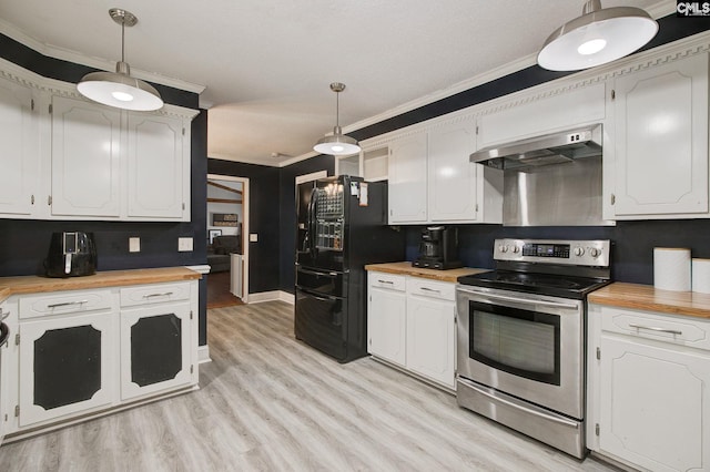 kitchen with butcher block countertops, electric stove, black fridge with ice dispenser, and decorative light fixtures