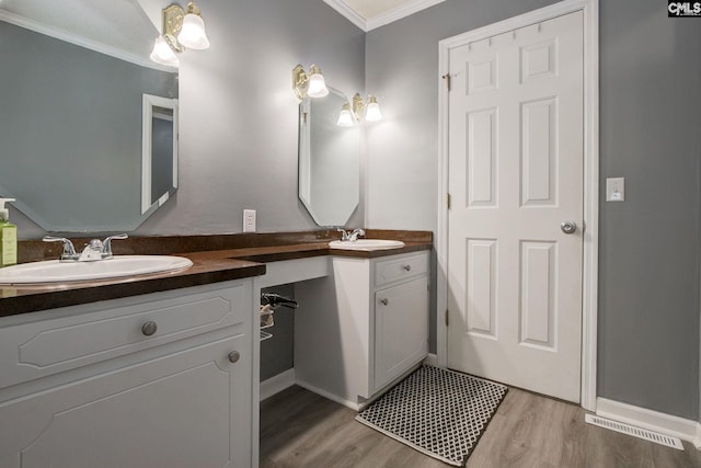 bathroom with vanity, wood-type flooring, and ornamental molding