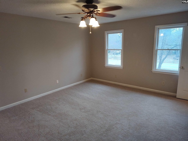 carpeted spare room with ceiling fan, plenty of natural light, and a textured ceiling