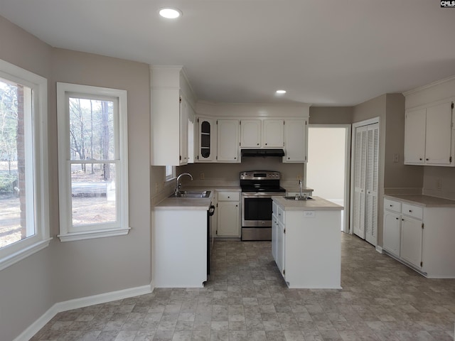 kitchen featuring a center island, sink, white cabinets, and stainless steel range with electric stovetop