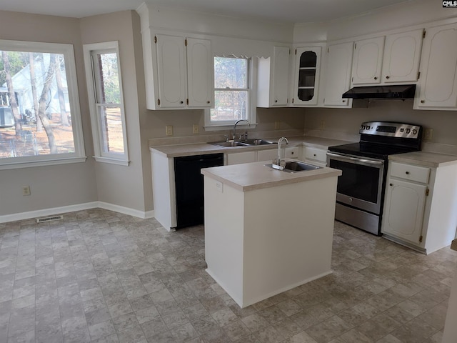 kitchen featuring sink, a kitchen island with sink, white cabinetry, electric range, and black dishwasher