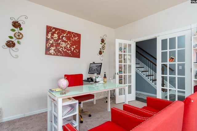 office space with french doors and carpet flooring