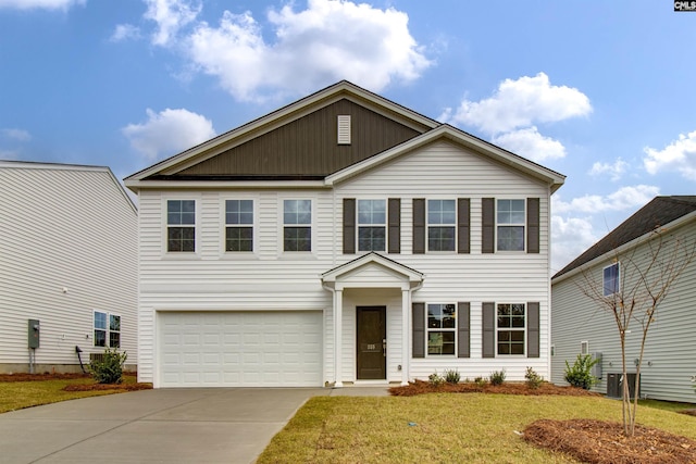 view of front of property featuring a garage, a front lawn, and central air condition unit