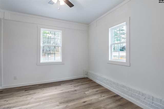 unfurnished room featuring ceiling fan, light hardwood / wood-style flooring, and a healthy amount of sunlight