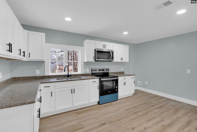 kitchen with sink, range with electric stovetop, light hardwood / wood-style floors, and white cabinets