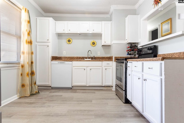 kitchen featuring white cabinetry, white dishwasher, stainless steel electric stove, and a sink