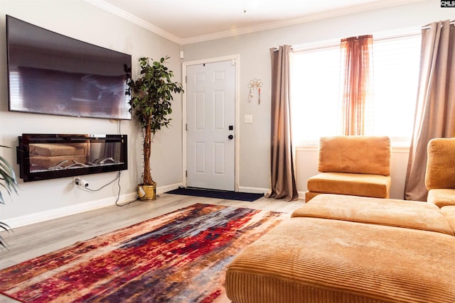 living room with baseboards, ornamental molding, light wood-style flooring, and a glass covered fireplace