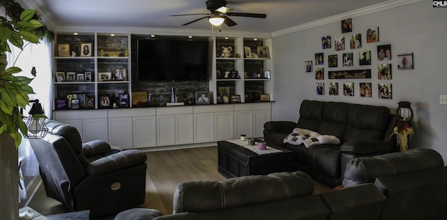 living room featuring ceiling fan, ornamental molding, and hardwood / wood-style floors