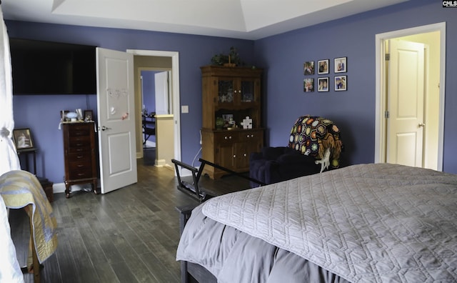 bedroom featuring dark wood-type flooring and a raised ceiling