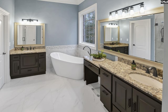 bathroom featuring vanity and plus walk in shower