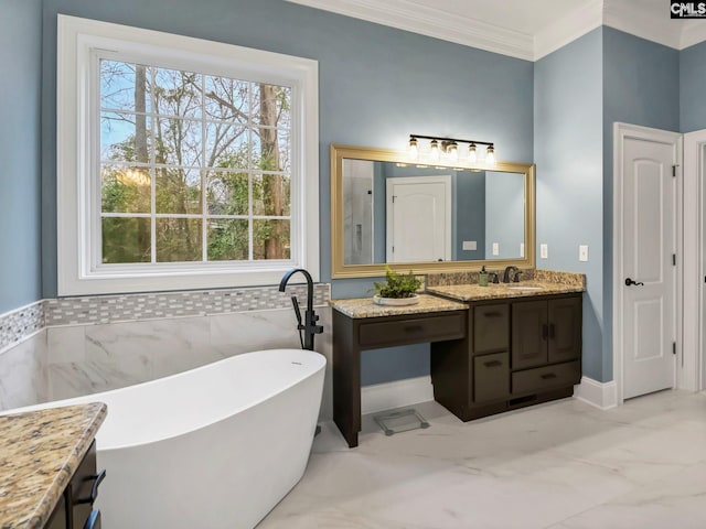 bathroom with vanity, a tub to relax in, ornamental molding, and tile walls