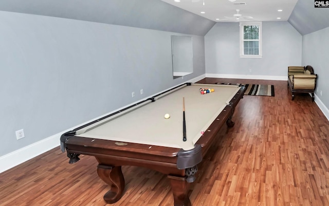 game room featuring lofted ceiling, hardwood / wood-style floors, billiards, and ceiling fan