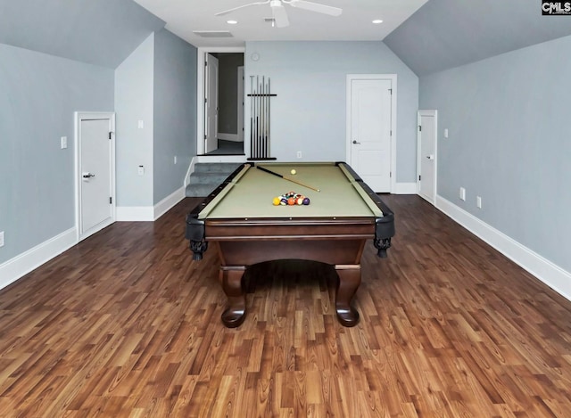 rec room with vaulted ceiling, dark wood-type flooring, ceiling fan, and billiards