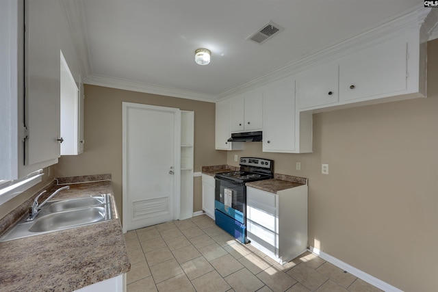 kitchen with electric range oven, sink, white cabinets, ornamental molding, and light tile patterned floors