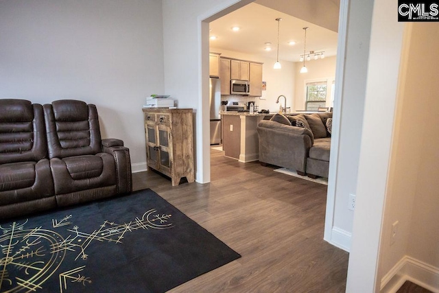 living room with sink and dark hardwood / wood-style flooring