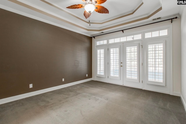 carpeted spare room featuring a raised ceiling, crown molding, and a wealth of natural light