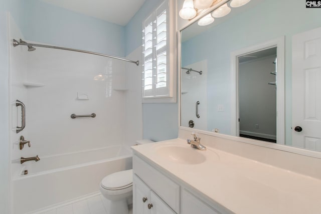 full bathroom with shower / tub combination, vanity, toilet, and tile patterned flooring