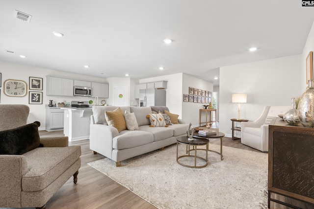 living room featuring sink and light hardwood / wood-style flooring