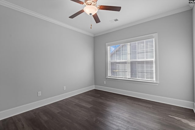 unfurnished room featuring ornamental molding, dark wood-type flooring, and ceiling fan