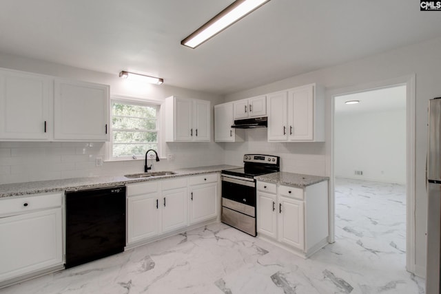 kitchen with sink, white cabinetry, stainless steel range with electric stovetop, tasteful backsplash, and black dishwasher