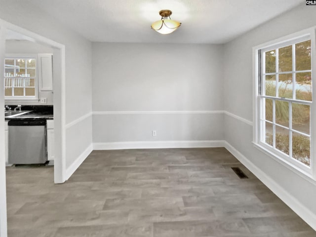 unfurnished dining area featuring a healthy amount of sunlight, sink, and light hardwood / wood-style floors