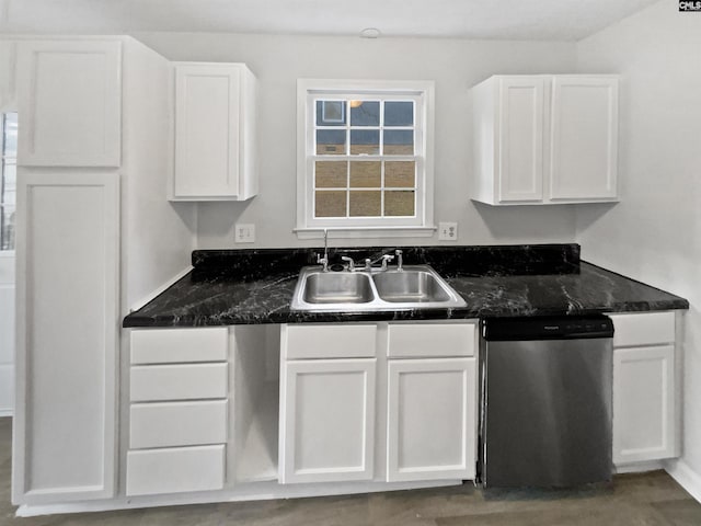 kitchen featuring dishwasher, sink, and white cabinets