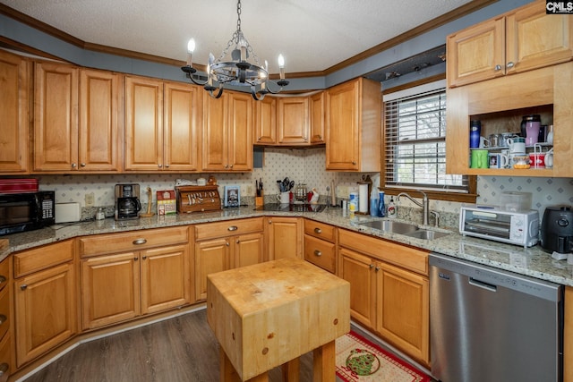 kitchen with sink, crown molding, decorative light fixtures, stainless steel dishwasher, and light stone countertops