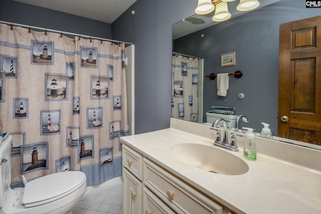 bathroom with a shower with curtain, tile patterned floors, toilet, and vanity