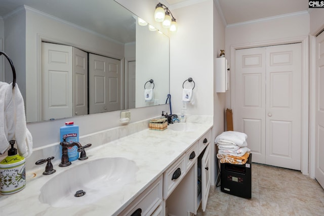 bathroom featuring ornamental molding, vanity, and tile patterned floors