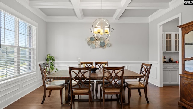 dining area with coffered ceiling, beam ceiling, and dark hardwood / wood-style floors