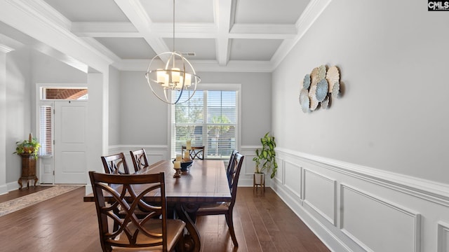 dining room with coffered ceiling, crown molding, a chandelier, dark hardwood / wood-style floors, and beam ceiling