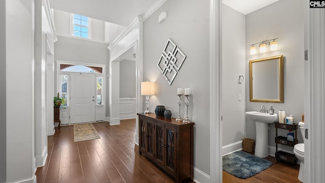 foyer featuring dark wood-type flooring, sink, and a towering ceiling