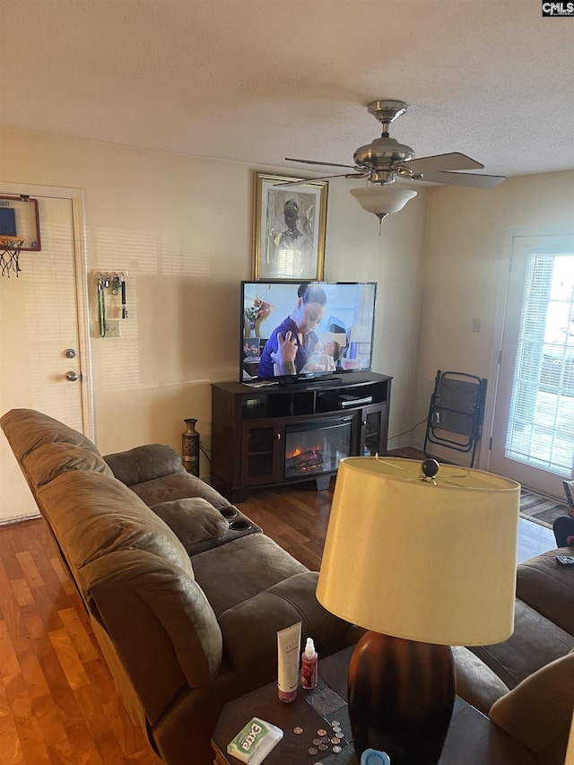 living room with dark hardwood / wood-style floors, a textured ceiling, and ceiling fan