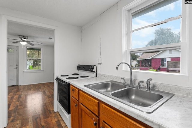 kitchen with ceiling fan, electric range oven, sink, and dark hardwood / wood-style flooring