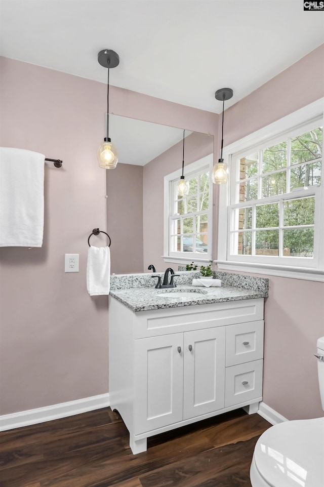 bathroom featuring vanity, hardwood / wood-style floors, and toilet