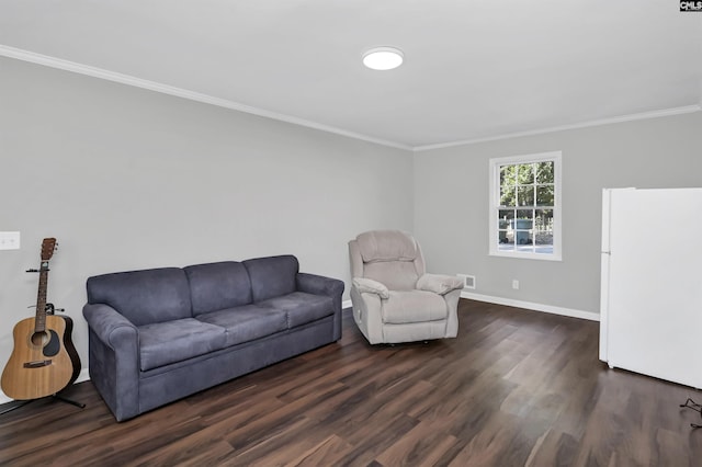 living room featuring crown molding and dark wood-type flooring