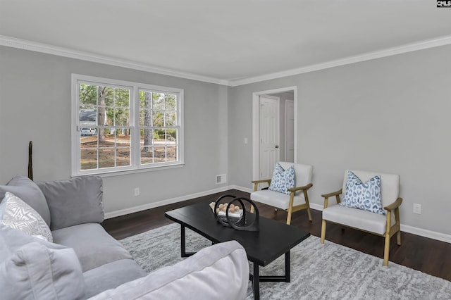 living room featuring crown molding and dark wood-type flooring