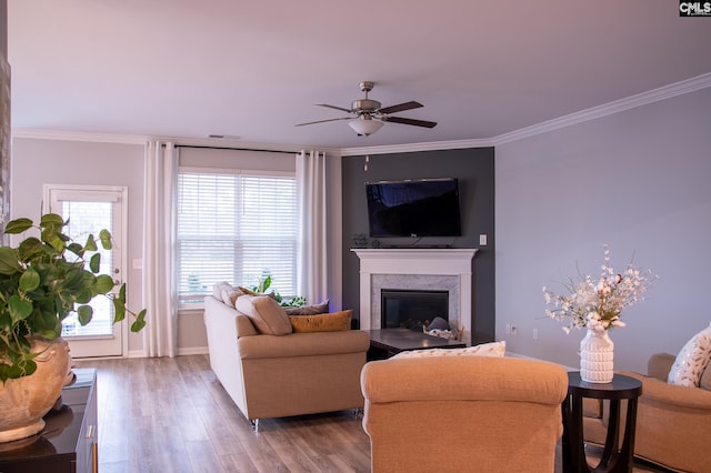 living room featuring crown molding, ceiling fan, and light wood-type flooring