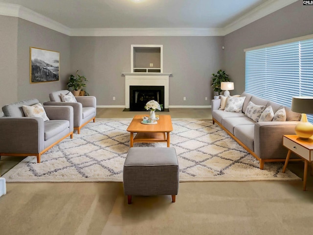 carpeted living room featuring crown molding