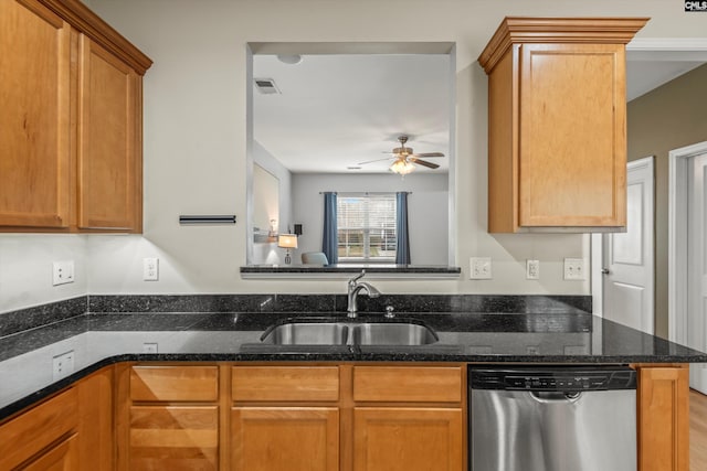 kitchen featuring dark stone countertops, sink, stainless steel dishwasher, and kitchen peninsula