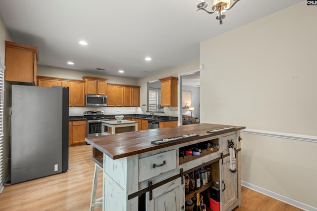 kitchen featuring sink, a breakfast bar area, butcher block countertops, appliances with stainless steel finishes, and light hardwood / wood-style floors