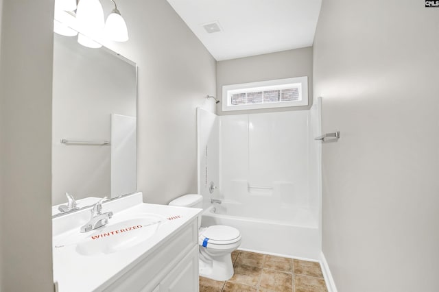 full bathroom featuring tile patterned flooring, vanity, shower / bathing tub combination, and toilet