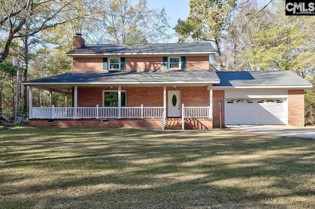 view of front of property with a porch, a garage, and a front lawn