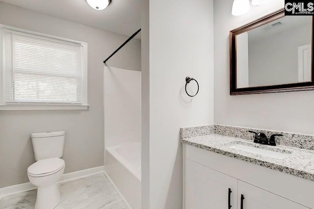 full bathroom featuring shower / tub combination, vanity, and toilet