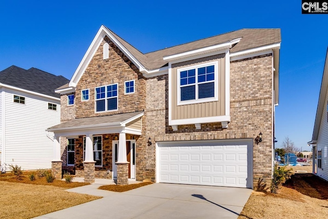 craftsman inspired home with a garage, brick siding, driveway, stone siding, and board and batten siding