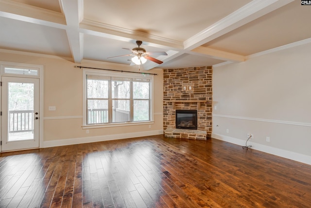 unfurnished living room featuring beamed ceiling, coffered ceiling, and dark hardwood / wood-style flooring