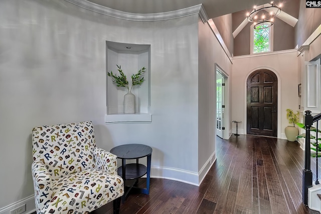 entrance foyer with a baseboard heating unit, dark hardwood / wood-style flooring, high vaulted ceiling, and a notable chandelier