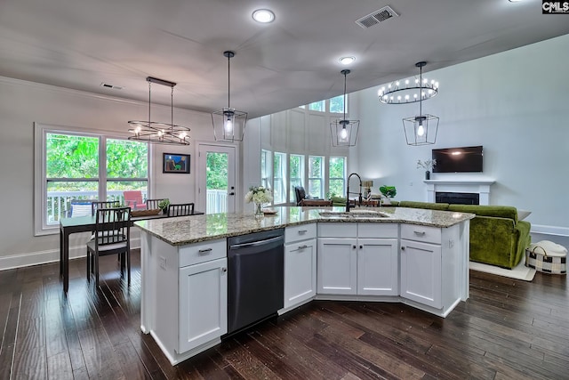 kitchen with white cabinetry, dishwasher, sink, and pendant lighting