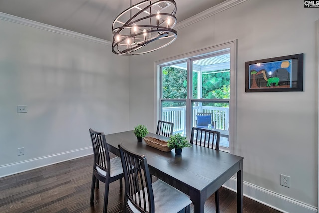 dining space featuring crown molding, a chandelier, and dark hardwood / wood-style flooring