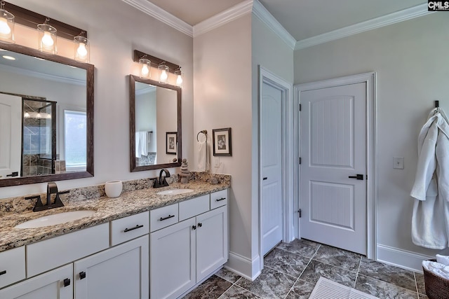 bathroom with vanity and crown molding